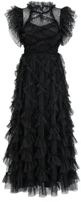 UIOKLMJH Robe D'été Brodée À Manches Courtes pour Femmes Volants Imprimé Floral Maxi Robe De Soirée De Bal Black L