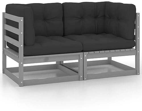 Homgoday Gartensofa, 2-Sitzer, mit Kissen, massives Kiefernholz, Grausofa, Paletten, Holz, Sofa, Paletten für den Außenbereich