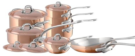 Mauviel M'Heritage 150 S Kochgeschirr-Set, 1,5 mm, poliertes Kupfer und Edelstahl, 14-teilig, mit Griffen aus gegossenem Edelstahl und gebogenem Deckel, hergestellt in Frankreich