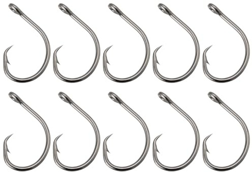ECSiNG Angelhaken, 10 runde Haken, Salzwasser, Angelhaken, große Spielhaken für Thunfisch, Heilbutt, Barsch, Dorsch, schwarze Nickelbeschichtung, 10 Stück