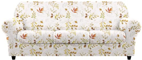 Arquiel Housse De Canapé Stretch 3 Places Avec Accoudoirs - Lot De 4, Universel Lavable AntidéRapante Antisalissure Protector Decoration (Feuilles d'Automne)