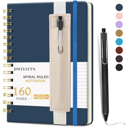 DWIYITTN Notizbuch A5 Liniert, 160 Seiten/80 Blatt Notizbuch mit Stift Hardcover Ringbuch Spirale Notizblock Notebook Spiralbindung Tagebuch für Erwachsene Büro Schule 14,5 x 21cm 80 g/m² -Marineblau
