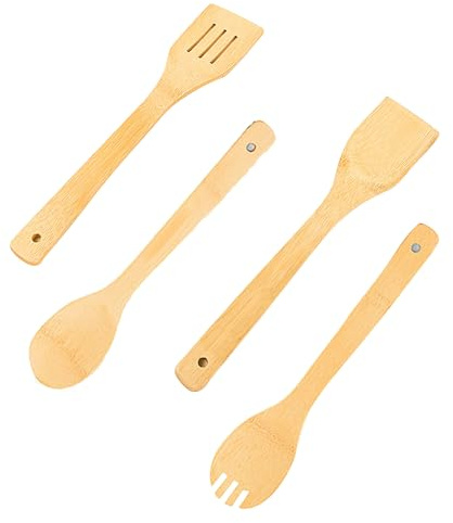 Lot de 4 ustensiles de cuisine en bois - Cuillère de cuisine perforée - Cuillère à salade - Cuillère à soupe - Spatule plate - Utilisé pour les poêles résistantes aux rayures, à la chaleur et