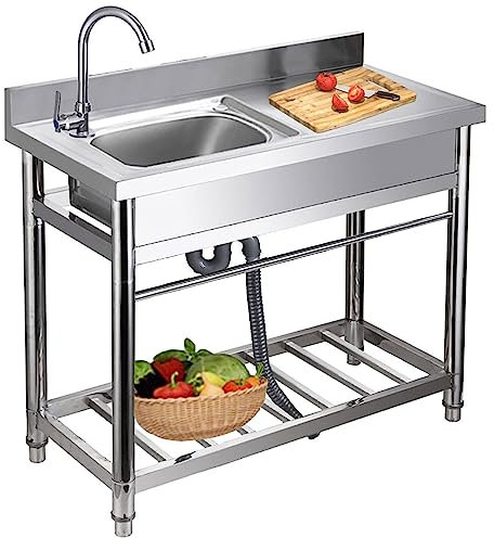 Stainless Steel Utility Sink with Large Work Station | Free Standing Single Bowl Kitchen Sink with Faucet and Drainboard | Cold and Hot Water Pipe | Undershelf Storage