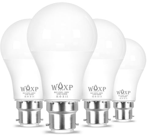 WAXP B22 Bayonet LED Light Bulb 100W Equivalent, 1600 Lumen Super Bright B22 LED Bulbs, 12W Light Bulbs Bayonet Fitting, Cool White 6500K, Non-Dimmable, Pack of 4