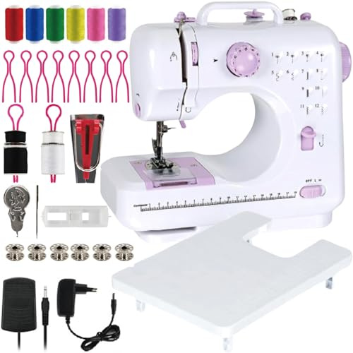 Susggo Maquina de Coser Portatil Electrica con Mesa Soporte, Brazo Libre y Luz de Trabajo, 12 Puntadas, 2 Velocidades y Retroceso. Compacta y Facil de Usar. Incluye Kit de Costura Accesorios Pedal