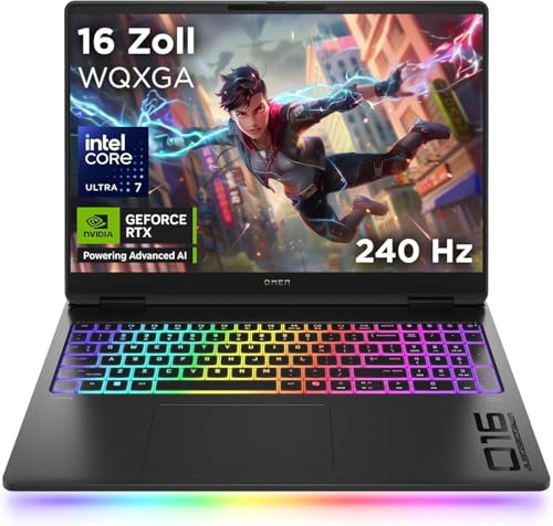 HP Omen MAX Gaming Laptop, 16 2.5K WUXGA Display 240Hz, Intel Ultra 7-255HX (20C) 13 NPU Tops, NVIDIA GeForce RTX 5070 Ti 12GB VRAM, 32 GB DDR5 RAM, 1 TB SSD, Win 11, QWERTZ, RGB, Alu Schwarz