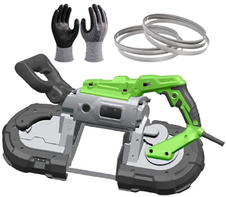 Sega A Nastro Portatile,Sega A Nastro Per Metallo,Taglio Del Metallo Da 0-45°,Luce Led Integrata, Diametro Di Taglio Di 4,72 Pollici,Con Lama Per Sega 3 Dimensioni (6 Pezzi)&1 Guanto,Withoutbase