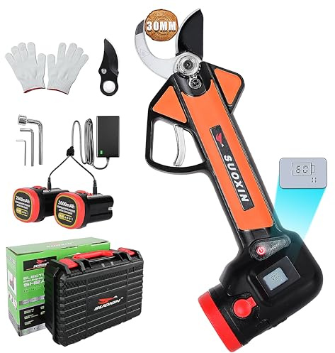 Suoxin Forbici Elettriche da Potatura Senza Fili con Display LCD, Motore Brushless 16.8V, Taglio Regolabile Ø30mm, 2×2600mAh Batterie, Lama SK5 Antiruggine, Cesoie da Giardino Ergonomiche