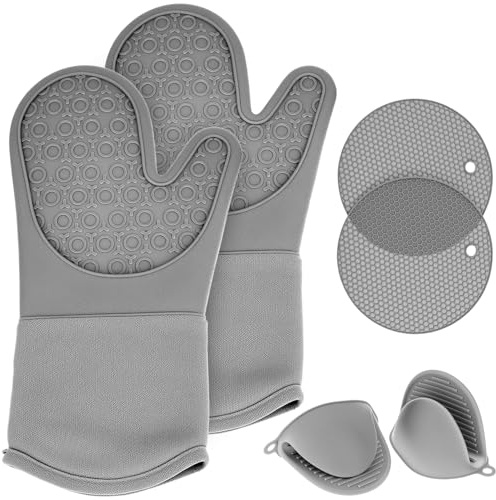 QWORK® Juego de 6 Manoplas de Horno de Silicona, 1 par de Guantes Horno, 2 agarraderas para ollas y 2 Mini Manoplas de Horno, para Barbacoa, Hornear, microondas, Gris