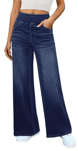 DLOODA Women's Wide Leg Jeans High Waisted Stretchy Denim Pants Elastic Waist Pull On Sweatpant Jeans Trendy Baggy Loose Dark Blue