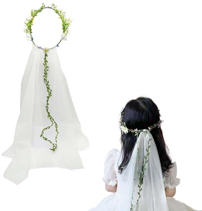 TUKEVA brautkranz mit schleier flower veil Schleier Braut Kranz Kopfschmuck schleier mit blumenkranz schleier braut boho für Festival,Accessoires für braut,Karneval,Mottoparty (Beige)