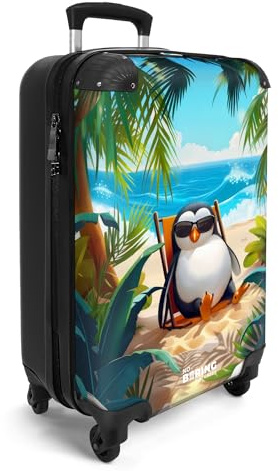 NoBoringSuitcases© Handgepäck Koffer Kinder Reisekoffer Kinderkoffer 4 | 55x35x20 cm - Rollen Leicht Cabin Kindertrolley Reise Hartschalenkoffer Pinguin - Strand - Sommer