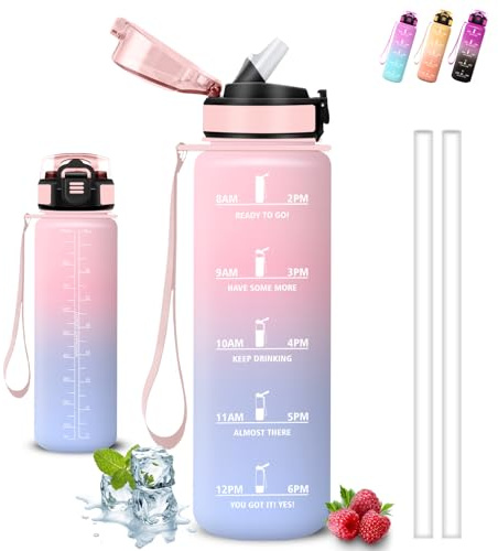 Borraccia 1 litro, Borraccia con Cannuccia, Senza Perdite, Bottiglia 1 litro Motivazionale, Facile da Pulire, Water Bottle Trekking, Con Slogan Motivazionale, per Fitness, Yoga, Escursionismo, Corsa