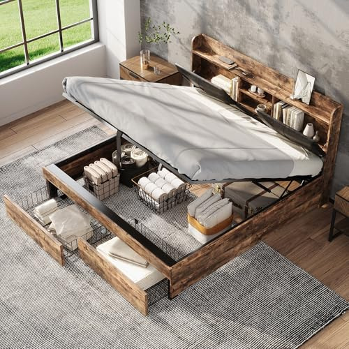 RIAZOS Metallbett 160x200 mit 2 Schubladen, Stauraum-Kopfteil, Hydraulisch Doppelbett, Modern Industrielles Holzbett, Bettgestell mit Lattenrost, Jugendbett, Erwachsenenbett, ohne Matratze