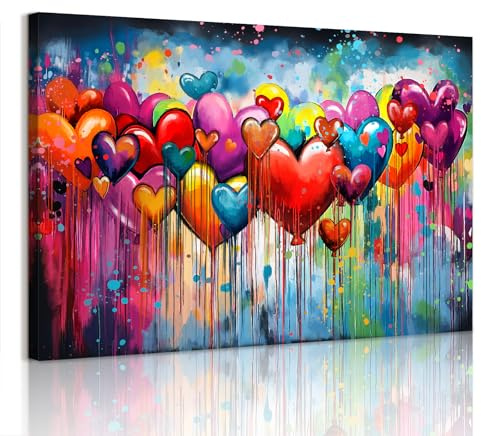 WENGTIAO Romantiskt hjärta ballong Banksy kanvas väggkonst tryck stora inramade bilder graffiti kärlek hjärta färgglad målning på duk för vardagsrum sovrum kontor hem väggdekor 120x80 cm