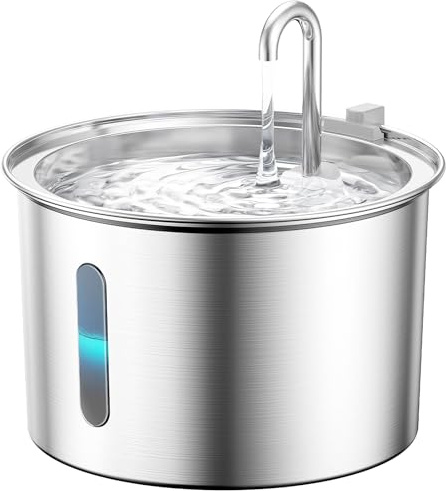 oneisall Fuente para gatos de acero inoxidable, 2 litros, fuente para gatos, muy silenciosa, con ventana de nivel de agua, fuente de agua para gatos, 3 filtros de carbón activo, apto para lavavajillas