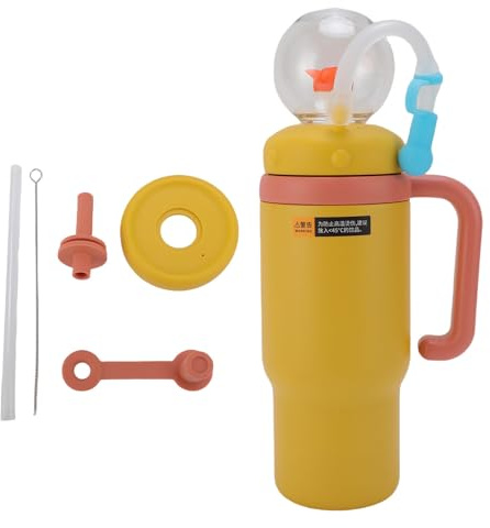 Keenso Bottiglia d'Acqua per Bambini, 710 Ml/24 Once in Acciaio Inossidabile Bere a Tazza con Paglia per la Maniglia per Viaggi All'aperto (Yellow)