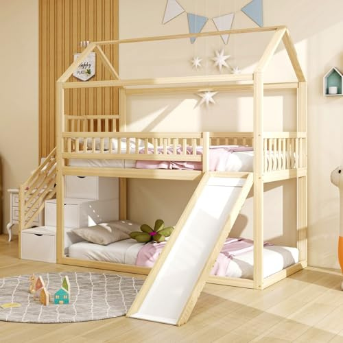 EURHCIO Lit Mezzanine Enfant 1 Place avec Toboggan,échelle de Rangement,Haute Barrière de lit,Lit Cabane Enfant 90x200 avec Sommier à Lattes,pour Enfants Adolescents (Naturel)