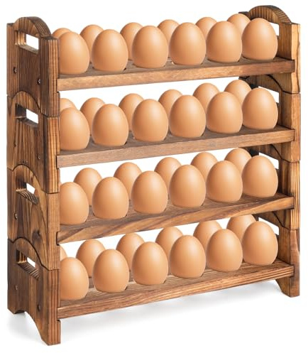 4-Tier Wooden Egg Holder Countertop, Egg Holder for Fresh Eggs, Farmhouse Kitchen Egg Tray Rack Holds 48, Firewood Stackable Egg Storage Basket with Carry Handle for Kitchen Refrigerator Counter