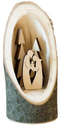 Kaltner Präsente Idea regalo – Presepe di Natale in legno con Gesù, Maria e Bambino in un tronco d'albero con corteccia (altezza 12 cm)