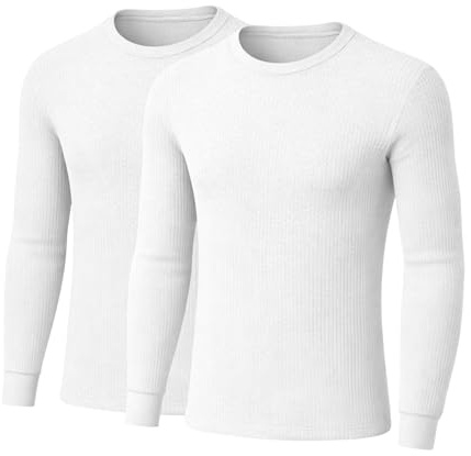Veesori Men's Thermal Long Sleeve Tops (2 Pack) – Winter Warm Crew Neck Base Layer Undershirts, Soft Thermal Underwear, Moisture Wicking Cold Weather Gear for Skiing Hiking Daily Wear (S-XXL) White