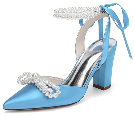 HFWXYSA Donna Punta Chiusa Perlas Cinturino alla Caviglia Tall Heel Alto Décolleté Fibbia Satin Scarpe da Sposa,Sky Blue,43 EU