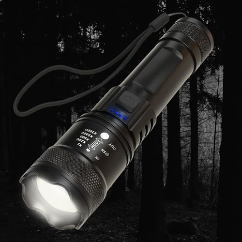 VASSL Linterna Led Recargable por USB - Linternas Led Alta Potencia Super Brillante con 5 Modos - 5000L Flashlight de Mano Enfoque Ajustable - Impermeable Portátil y Táctica para Aventuras.