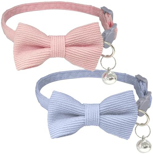 BEZHO 2 Stück Katzenhalsband mit Schleife und Glocke, Schnellverschluss Halsband aus Cord, Ausbrechschutz für Kätzchen (Rosa, Hellblau)