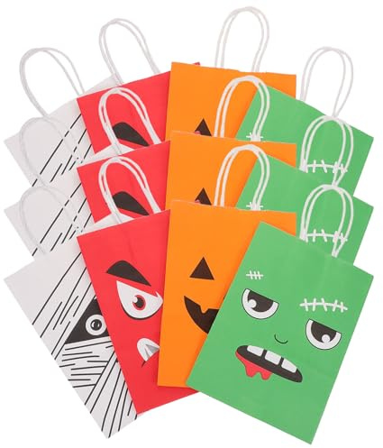Garneck 12 Stück Halloween Kraftpapiertüten mit Henkel und Großem Fassungsvermögen Stabile Papiertüten mit Kürbismuster für Familienfeiern und Party Mitgebsel