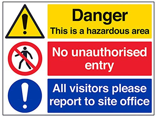 V Safety Hazardous Area/No Unauthorised Entry/Report To Site Office Warning Sign - 400mm x 300mm - Self Adhesive Vinyl