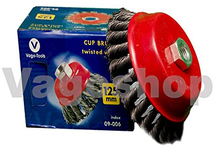 Vago-Tools 3x Topfbürste Drahtbürste 125 mm gezopft Hartmetall Stahldraht (SS) M14 x 2,0, 0,5 mm, 25 mm, Max. 6500 u/min, Für Flex oder Winkelschleifer