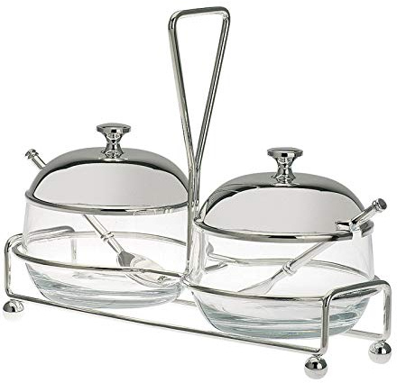 Hochwertiges Marmeladenglas Set mit 2x 255 ml - Mehrzweck-Gläser mit versilberten Tragegestell, Löffel und Deckel mit Knopfgriff - Universal Menage Set ideal als edle Tischdeko