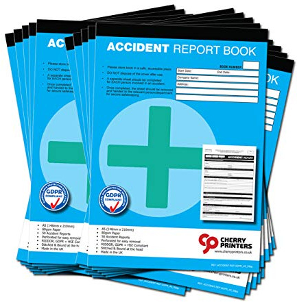 Cherry GDPR Compliant Accident Report Book A5 | 50 Accident Forms | RIDDOR + HSE Compliant | Perforated for Easy Removal | 80gsm Paper | Stitched at Head | Made in UK | **20 Pack**