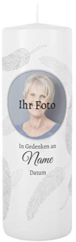 private grief Trauerkerze mit Foto des Verstorbenen und Gratis Beschriftung Federn