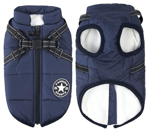 Aiboria Hundejacken für den Winter Winddicht Wasserdicht 2 in 1 Outfit Kaltwettermantel Hundewestengeschirr Welpen Winter Warme Jacke Kleines Blau M