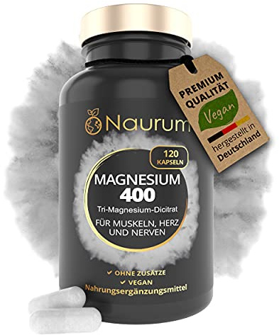 NAURUM® MAGNESIUM 400-120 vegane hochdosierte Kapseln - 400 mg reines elementares Magnesium - Tri-Magnesium Dicitrat statt Magnesiumcitrat - laborgeprüft, in Deutschland produziert