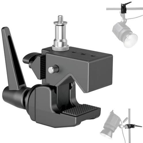 Super Clamp with 1/4 and 3/8 Thread Stud for Photo Studio Cameras, Lights, Umbrellas, Hooks, Shelves, Plate Glass, Cross Bars, LED Lighting Photography Video Audio Accessories, With Silver Stud