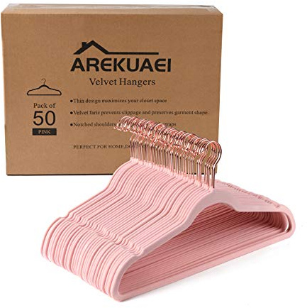 AREKUAEI Premium Blush Pink Velvet Hangers (Pack of 50) Heavyduty Non Slip Velvet Suit Hangers,Copper/Rose Gold Hooks,Space Saving Clothes Hangers