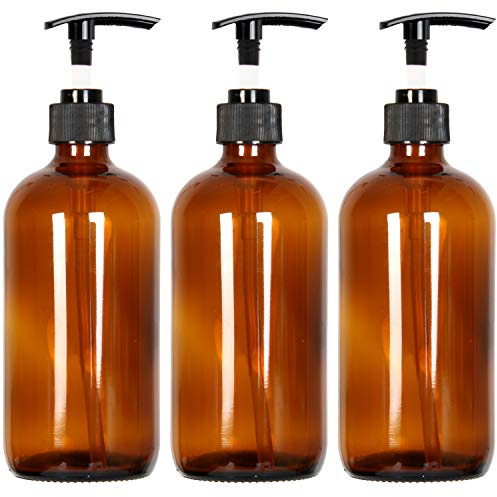Youngever 3 Pack 500ML Empty Amber Glass Pump Bottles, 3 Pack 16 Ounce Pump Bottles, Soap Dispenser, Refillable Containers