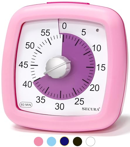 Secura 60-Minute Visual Timer, Silent Study Timer for Kids and Adults, Time Clocks for Teaching (Pink)