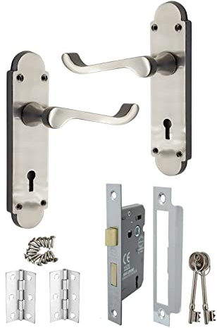 Satin Nickel Victorian Scroll Internal Lever Lock Door Handles Hinges Set, Suitable for All Types of Internal Doors 168x40mm Backplate
