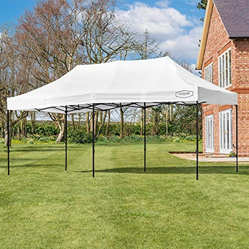 Harrier Luxury Pop Up Gazebo - 3m x 6m Large Gazebo + Adjustable Height | 4x Colours - White, Grey, Blue, Green | Plain & Window Side Panels | Travel Bag Included (None, White)