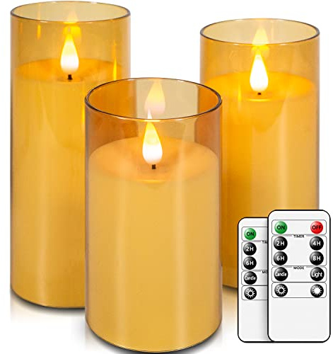 salipt Bougie LED, Flamme Vacillante | Bougies à Piles en Verre, Télécommande & Minuteur, Lot de 3, Diamètre 7.6 cm, Hauteur 12.7/15.3/17.8 cm