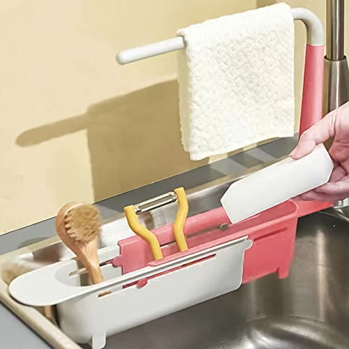 Shunfaji Waschbecken Caddy Teleskop-Spülenhalter Küchenspülen Organizer Schwamm Seifenhalter Organizer Waschbecken Sider Wasserhahn, Waschbeckenständer Erweiterbarer Ablagekorbhalter (Rot)
