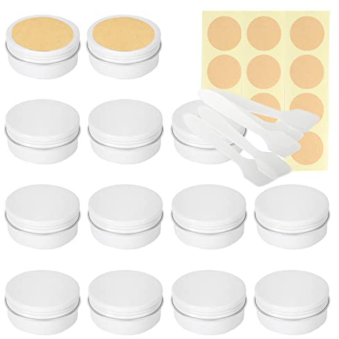 LusDoly Pack of 20 Empty 50ml White Aluminium Tins with Lids - Ø57x28mm Aluminum Screw Pots Travel Round Cosmetic Cream Container Jars for Candle Lip Balm, Salve, with Spatulas & Labels