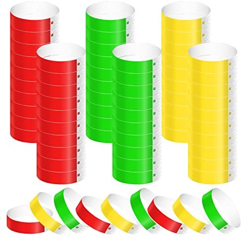 KINBOM 600 Piezas Pulseras Identificativas de Neón, Impermeables Brazalete Papel Pulseras para Eventos Coloridas Pulseras para Fiestas Brazaletes para Eventos Conciertos Ferias(Verde, Rojo, Amarillo)