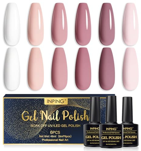 INPING Gel Nail Polish, 6 Colors Nude Pink Light Pink Dust Dark Pink White Nail Varnish Set Soak Off UV/LED Bridesmaid Manicure Kit for Beginner Nail Salon Studios, Long Lasting, 8 ML