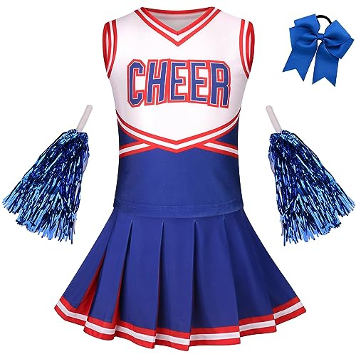 GRAJTCIN Girls Cheerleader Costume Kids Cheer Uniform Cheerleading Outfit Halloween Fancy Dress for 6-7 Years (130, Blue)