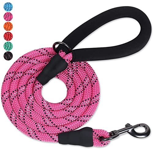 VIVAGLORY Laisse Solide en Corde pour Chien avec Poignée Rembourrée en Néoprène Doux et Fils Réfléchissants, Laisse de 180CM pour Entraînement et Promenade de Chiens Moyens et Grands, Rose